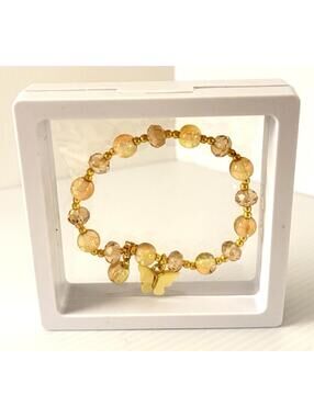 Yellow Beaded Stretch Bracelet Butterfly Charm in 3D Floating Frame Display Case